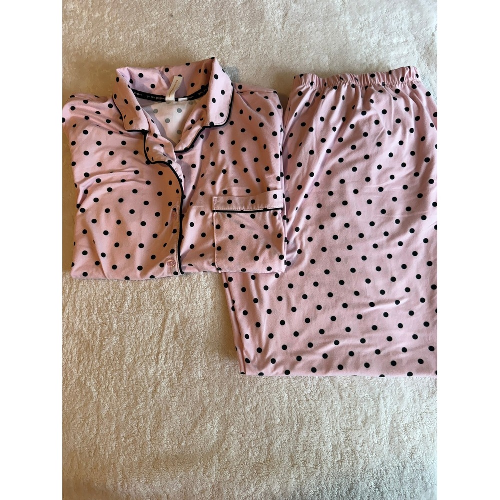 Joyspun Pink Black Polka Dot Pajama Set Short Sleeve Top Long Pants Large 12-14